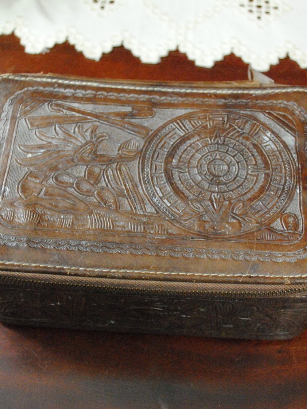 Vintage 1930s-50s Tooled Leather Mexican Aztec Travel Vanity Toiletry Bag